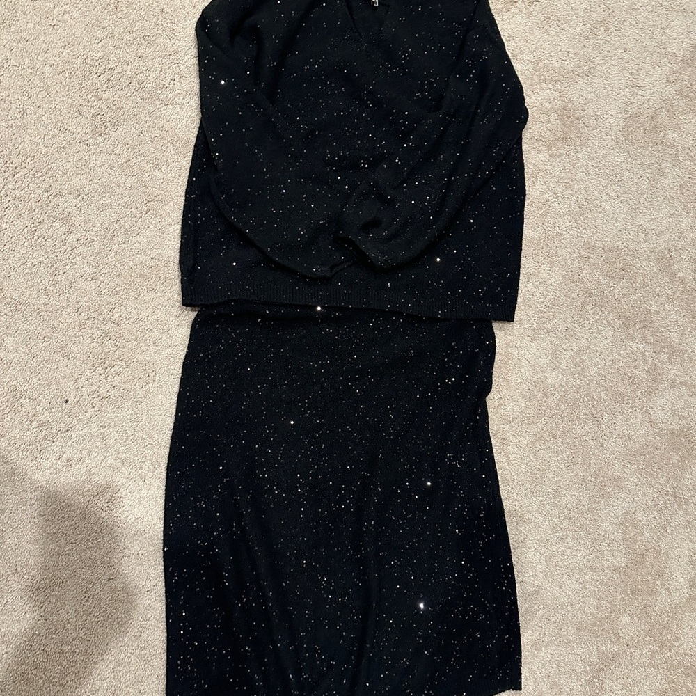 LOFT Black Glitter Long Sleeve Two-piece sweater skirt set.